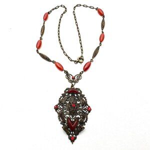 Antique Czech Art Deco Red Glass Pendant Necklace Antiqued Gold Tone 17 Inch